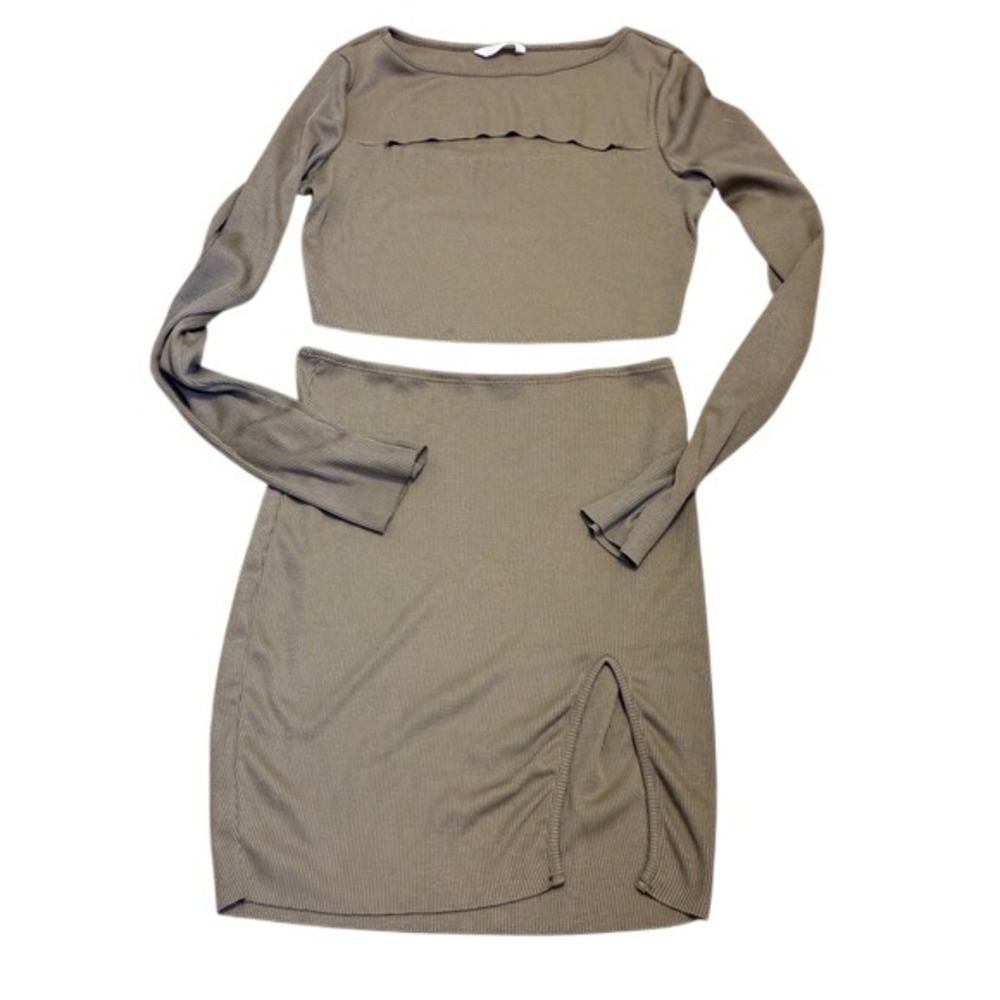 Romwe Ribbed Two Piece Set Olive Brown Crop Top Cutout Mini Skirt Slit Size M